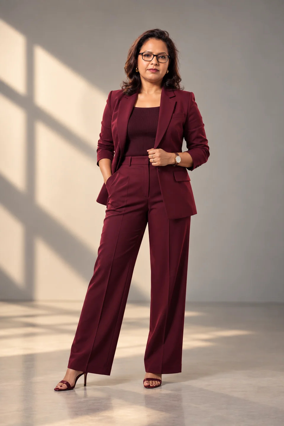 Sonia Chauhan in a burgundy suit